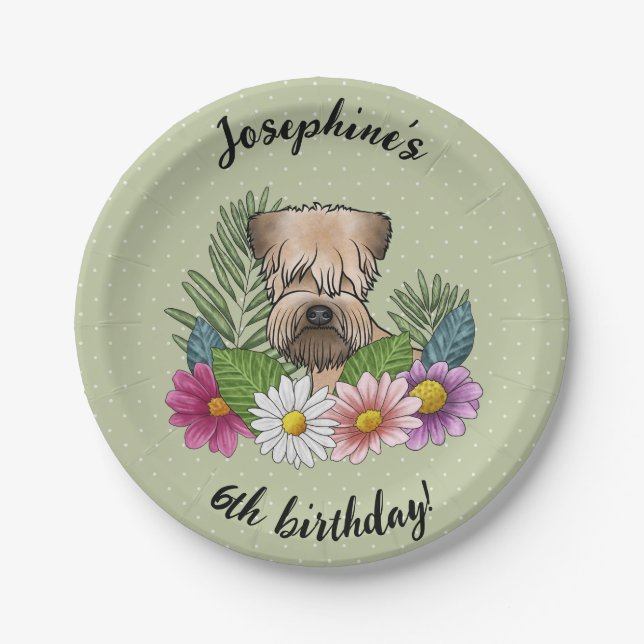 Weich überzogenes Wheaten Terrier Floral Happy Geb Pappteller (Vorderseite)