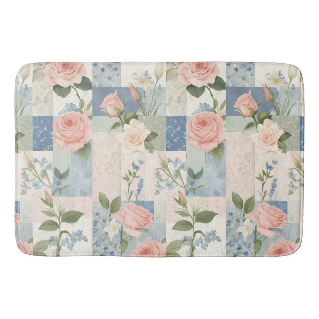 Weich zartes, blumenrosa und blaues Patchwork Badematte (Vorderseite)