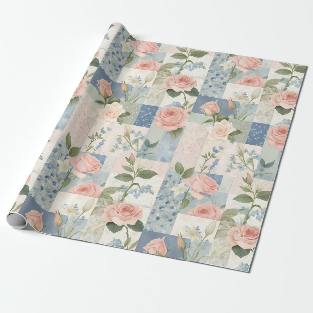 Weich zartes, blumenrosa und blaues Patchwork Geschenkpapier (Ungerollt)