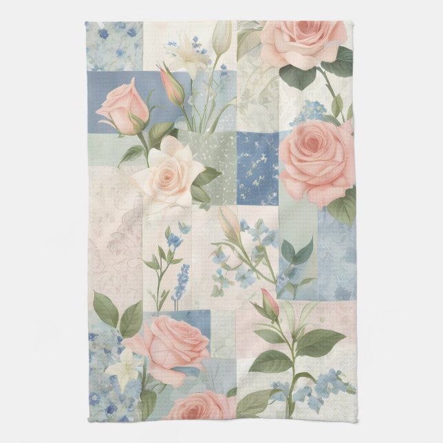 Weich zartes, blumenrosa und blaues Patchwork Geschirrtuch (Vertikal)