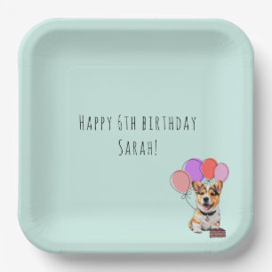 Weiche Aqua-Mint fröhliche moderne Corgi-Geburtsta Pappteller