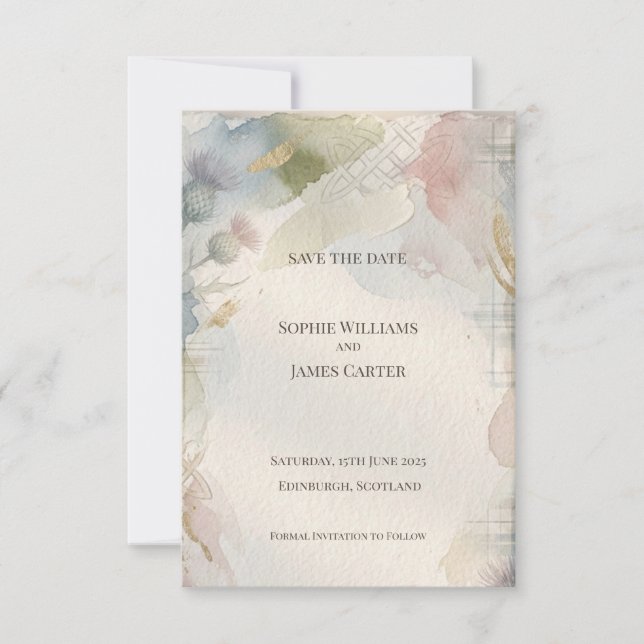 Weiche Aquarell-Schottische Distel Save the Date | (Vorderseite)