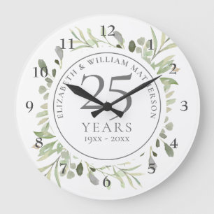 Weiche Aquarellblätter zum 25. Hochzeitstag Große Wanduhr