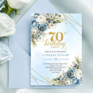 Weiche Aquarellblaue Blumen Gold 70. Geburtstag Einladung