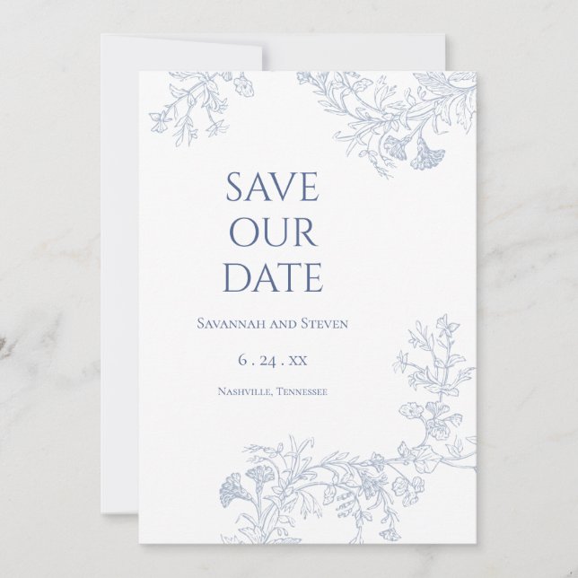 Weiche Blaue Blumige Speichern Sie das Datum Save The Date (Vorderseite)