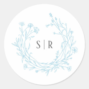 Weiche blaue Boho-Blumenmonogramm-Hochzeit Runder Aufkleber