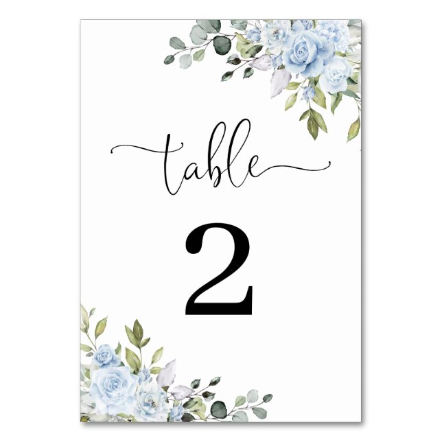 Weiche blaue botanische Hochzeitstischnummern Tischnummer (Vorderseite)