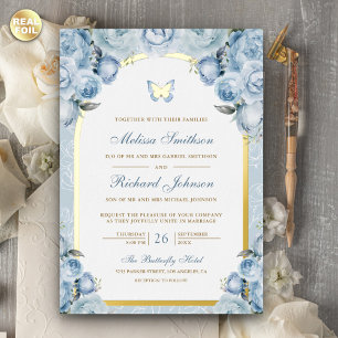 Weiche Blaue Florale Bogen Schmetterling Hochzeit Folieneinladung
