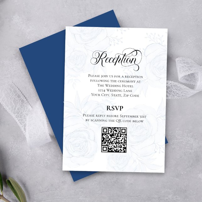 Weiche Blaue Florale Empfangs-RSVP-QR-Code-Karte Begleitkarte (Soft blue floral RSVP card with QR code for easy online wedding responses)