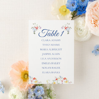 Weiche blaue florale Hochzeit Sitzordnung Karte