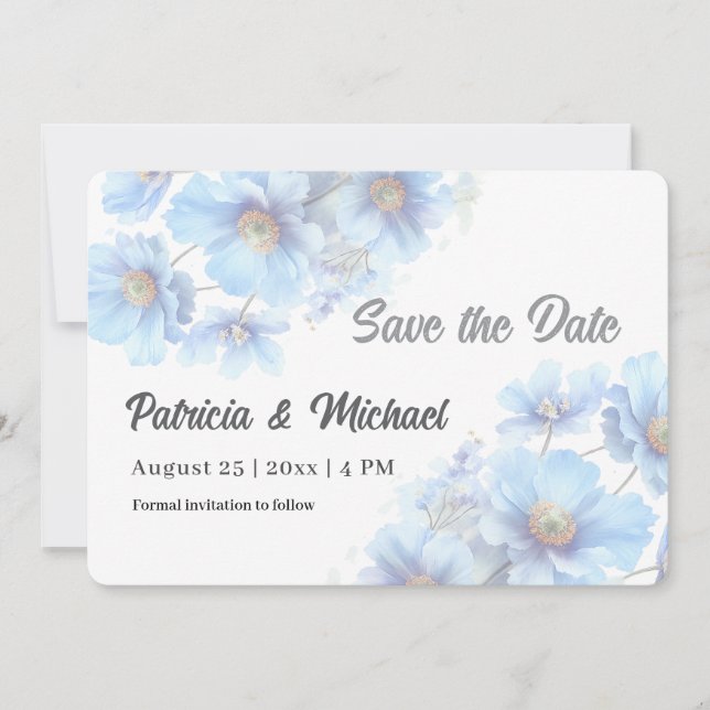 Weiche Blaue Himalaya-Mohn-Blumen-Gartenhochzeit  Save The Date (Vorderseite)
