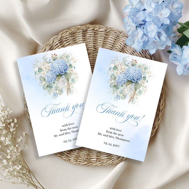 Weiche blaue Hortensien Eukalyptus Hochzeit Danke  (Soft Blue Hydrangeas Eucalyptus Wedding thank you card)