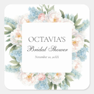 WEICHE BLAUE PINK BLÜHENDE BLUMEN BRAUTMONOGRAMM QUADRATISCHER AUFKLEBER