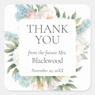 WEICHE BLAUE ROSA BLÜHENDE BLUMEN HOCHZEIT DANKE QUADRATISCHER AUFKLEBER