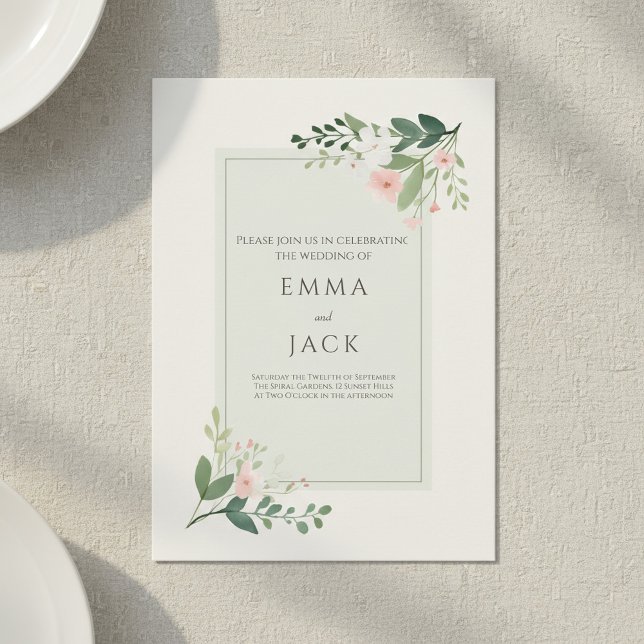 Weiche Blumenecken Grüne Seite Elegante Hochzeit Einladung (Soft Floral Corners Green Beige Elegant wedding Invitation.)
