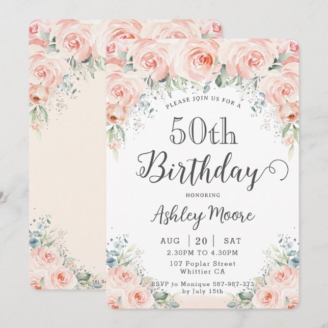 Weiche Blüten Rose Grüne 50. Geburtstag Einladung (Vorne/Hinten)