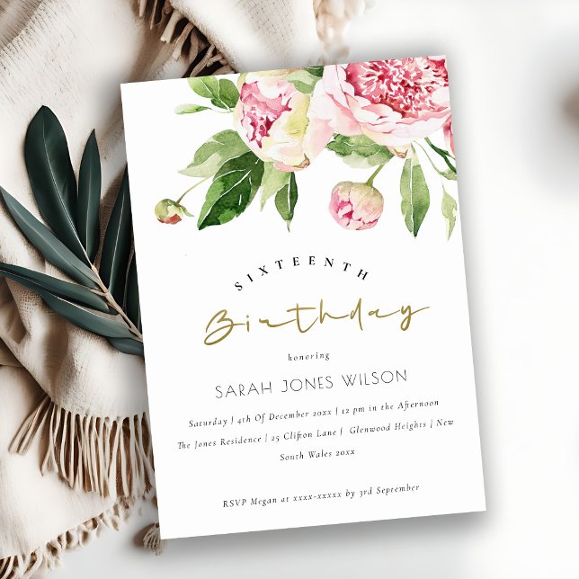 Weiche Blütenpeony jedes Alter Süße 16 Geburtstag Einladung (Von Creator hochgeladen)