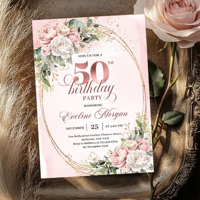 Weiche botanische Röte 50. Geburtstagseinladung Einladung (Soft Botanical Blush 50th Birthday Invitation)