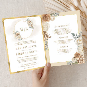 Weiche Elfenbein-Beige-Blumen Gold Alles in Einem  Einladung