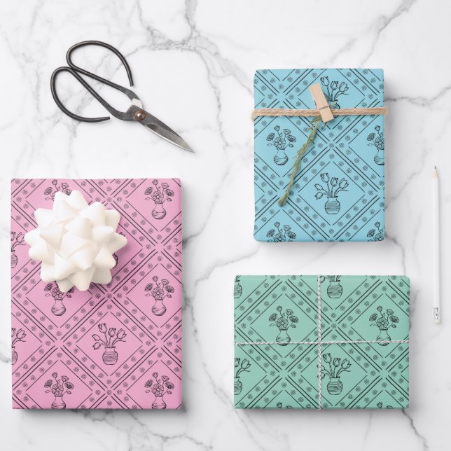 Weiche, farbige Frühlingsflorale Coquette-Muster Geschenkpapier Set (Vorderseite)