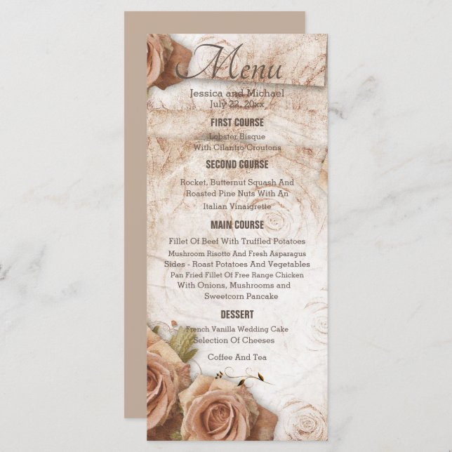 Weiche farbige Rose Hochzeit Menükarte (Vorne/Hinten)