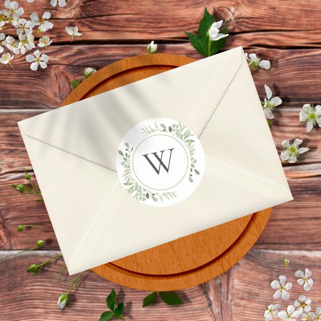 Weiche Frühlingsblätter Grün Monogramm Anfangsbuch Runder Aufkleber (Von Creator hochgeladen)