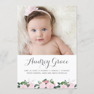 Weiche Geburts-Mitteilung Botanicals Rosa-  Ankündigung