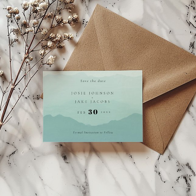 Weiche grüne Berge Save the Date (Green watercolor mountains modern and bold wedding Save the date card)