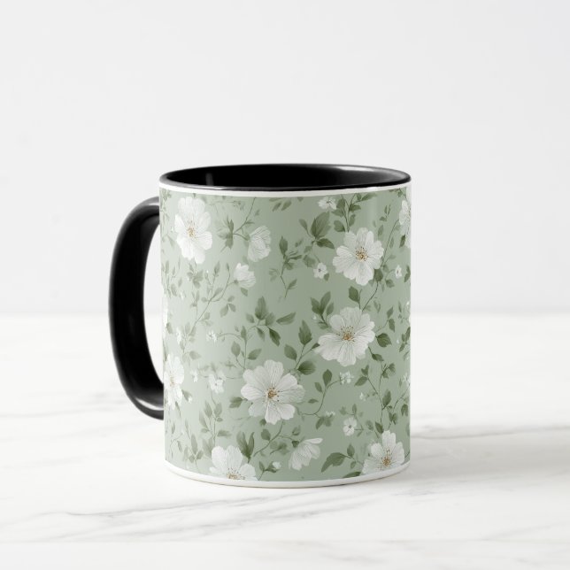 Weiche grüne Blumen Creme Blumenmuster Tasse (Vorderseite Links)