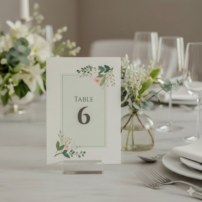 Weiche grüne und rosa Tischnummer (Pretty botanical table number wedding reception card.)