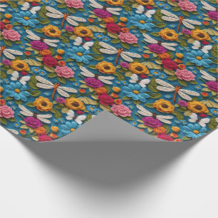 Weiche Häkeloptik Blumen und Libellen Geschenkpapier