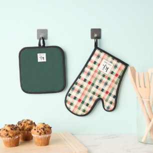 Weiche Immergrüne Gingham-Monogramm Ofenhandschuh & Topflappen-Set