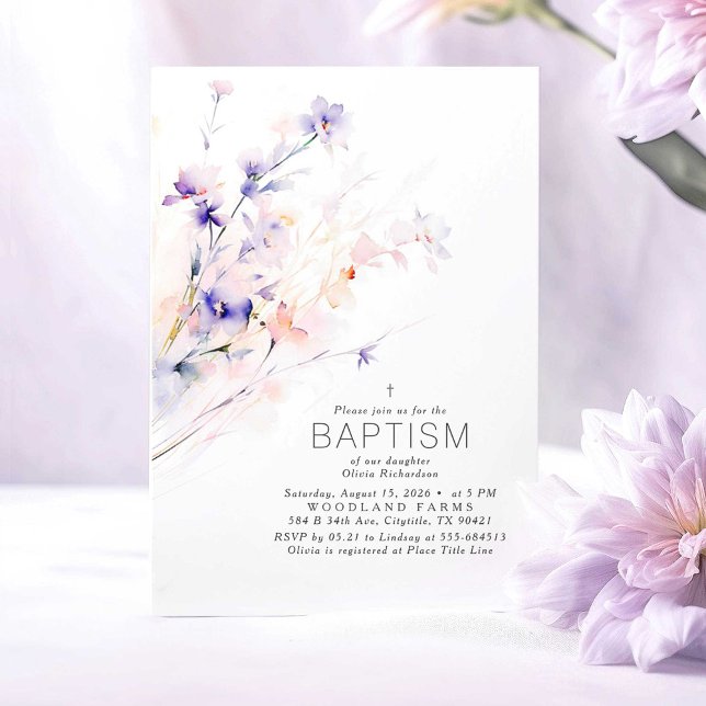 Weiche Lila Blume mit Blütenpracht Elegante Taufe Einladung (Purple and Pink Baptism Invitations)