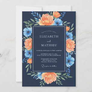 Weiche Navy-Korallen-Hochzeitsmalerei Einladung