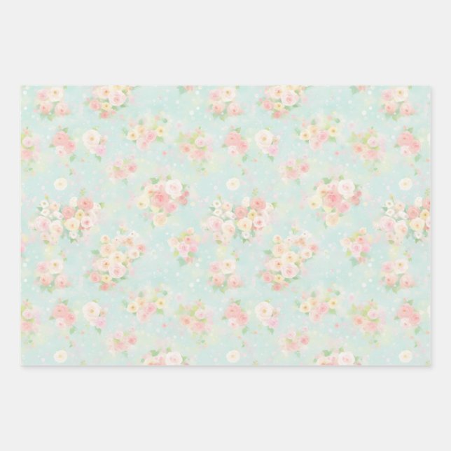 Weiche Pastel Rose Muster auf Aqua Hintergrund Geschenkpapier Set (Vorderseite)