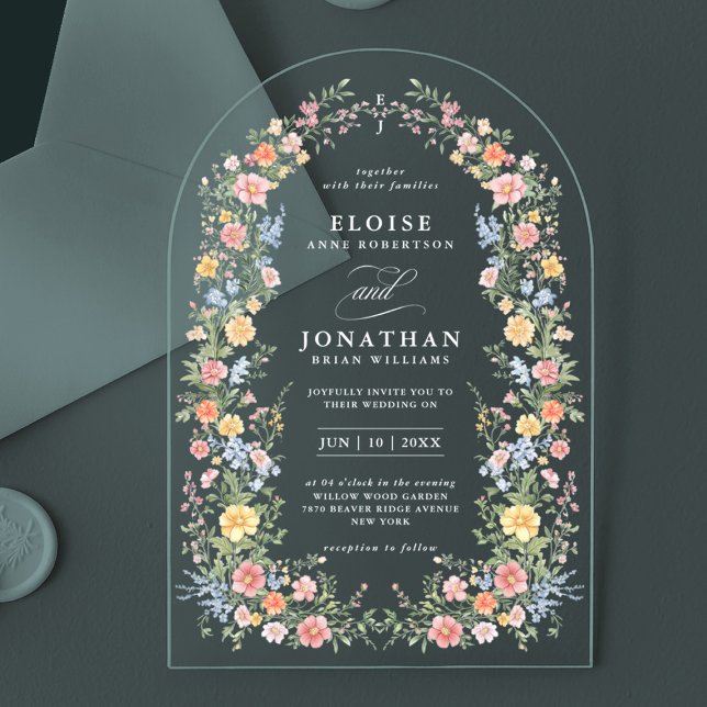 Weiche Pastel Verzierter Frühling Blumenstrauß Hoc Acryleinladungen (Soft Pastel Ornate Spring Floral Arch Chic Wedding Acrylic Invitation)