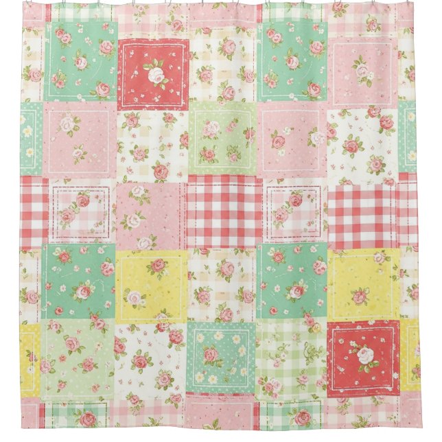 Weiche Pastell-Blumen-Patchwork-Gingham-Karo Duschvorhang (Vorderseite)