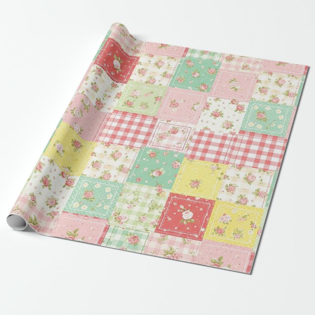 Weiche Pastell-Blumen-Patchwork-Gingham-Karo Geschenkpapier (Ungerollt)