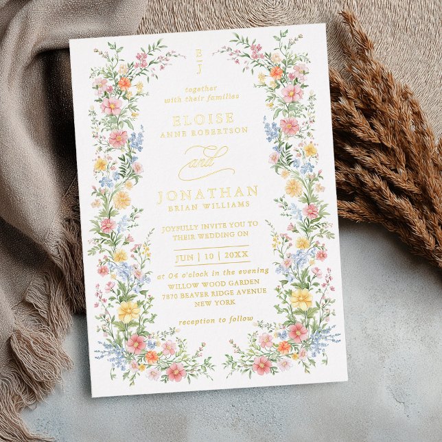 Weiche Pastell-Ornamentale Frühlingsblumen QR-Code Folieneinladung (Soft Pastel Ornate Spring Floral QR Code Wedding gold Foil Invitation)