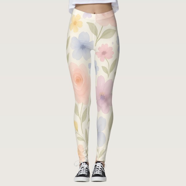Weiche Pastell-Wasserfarben-Blumen Leggings (Vorderseite)