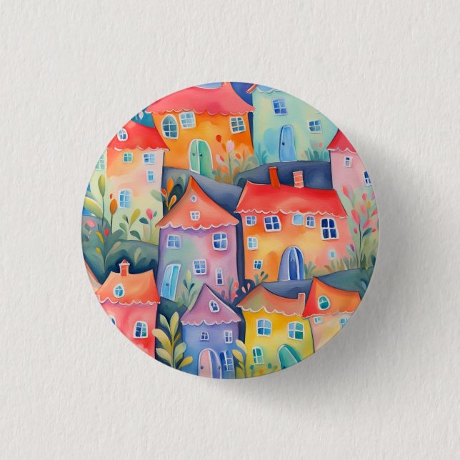 Weiche pastellfarbene kleine Häuser in friedlicher Button (Vorderseite)