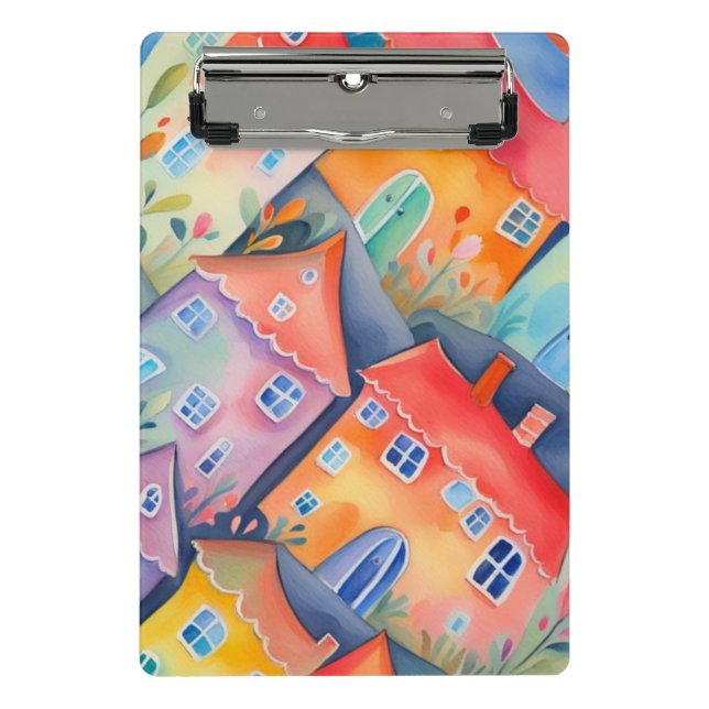 Weiche pastellfarbene kleine Häuser in friedlicher Mini Klemmbrett (Vorderseite)