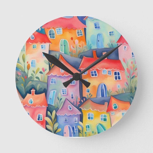 Weiche pastellfarbene kleine Häuser in friedlicher Runde Wanduhr (Vorderseite)