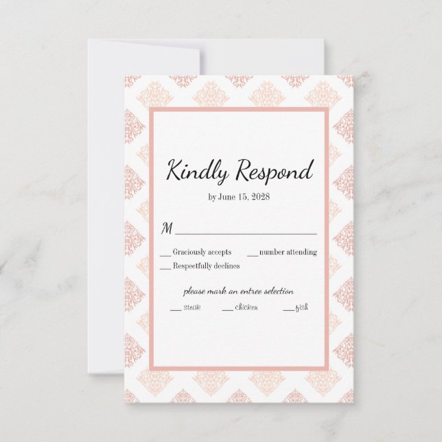 Weiche Peachy Blush Damask RSVP Karte (Vorderseite)