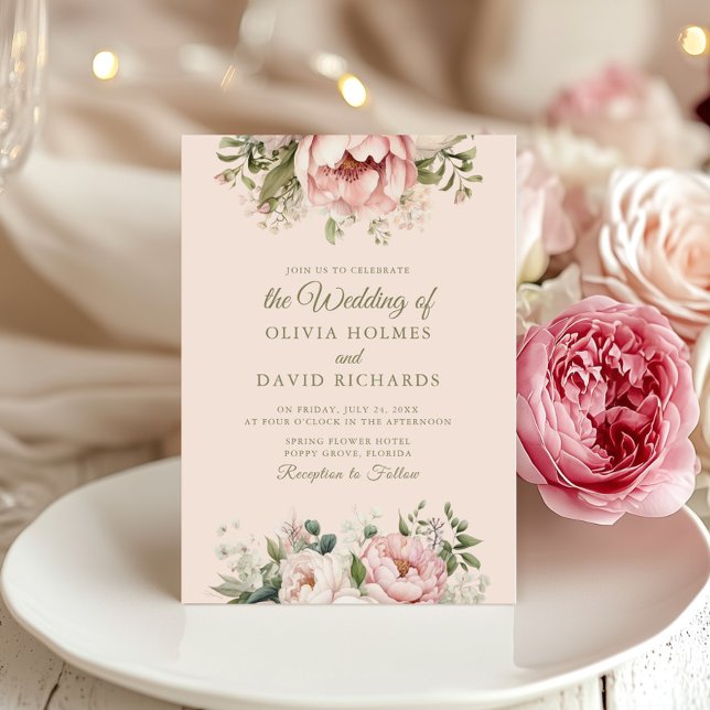 Weiche Pfirsich und Blütenrosa Blumenzehen Einladung (Soft Peach and Blush Pink Floral Wedding Invitation on an elegant wedding table with peonies)