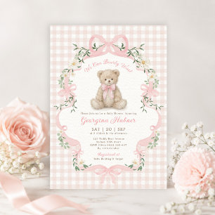 Weiche rosa Gingham-Teddybär-Mädchen-Baby-Party Einladung