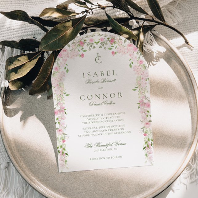 Weiche rosa grüne florale Bogenhochzeit Einladung (Von Creator hochgeladen)
