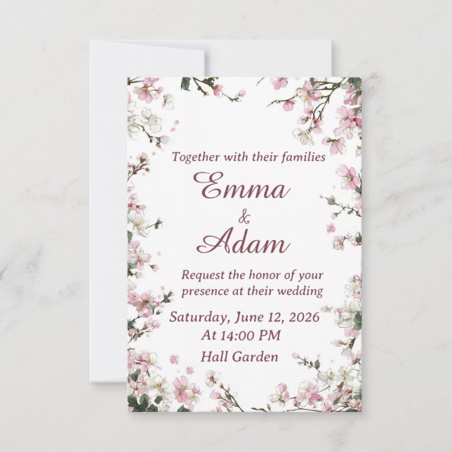 Weiche rosa Kirschblüten-Hochzeitseinladung (Vorderseite)