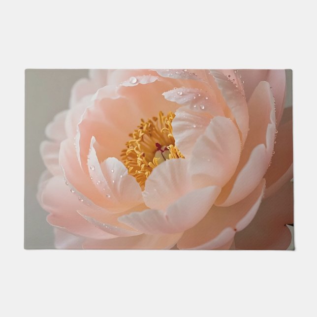 Weiche rosa Pfingstrose mit Tautropfen Fußmatte (Vorderseite)