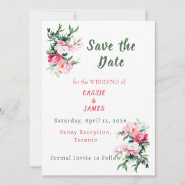 Weiche rosa Pfingstrose und Eukalyptus-Blumen Save The Date